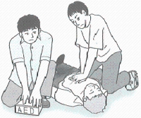 イラスト：AEDと胸骨圧迫の様子