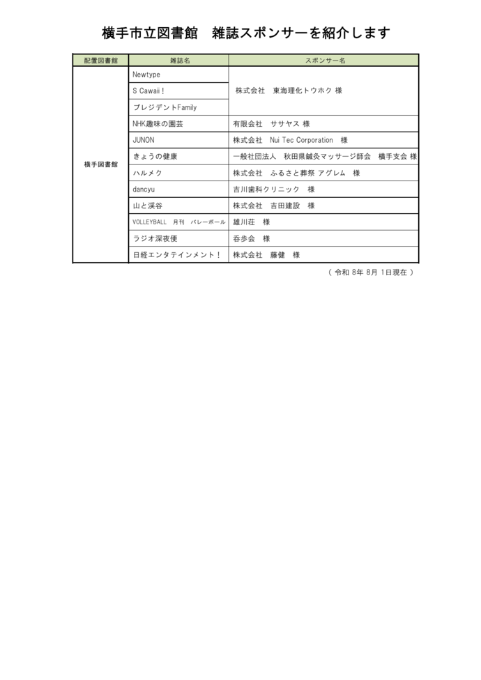 雑誌スポンサー企業一覧(横手)