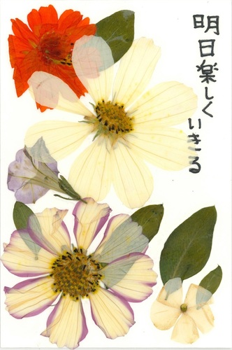 写真：子供の部準特選の伊藤麗珠（いとうりず）さん（横手市在住）の押し花は「明日楽しくいきる」という言葉が添えられた大小5つの花びらと葉をバランスよく配置した作品。