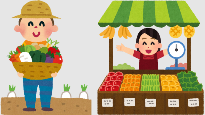 野菜を収穫している人と朝市で販売している人のイラスト