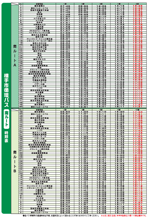 南ルート時刻表