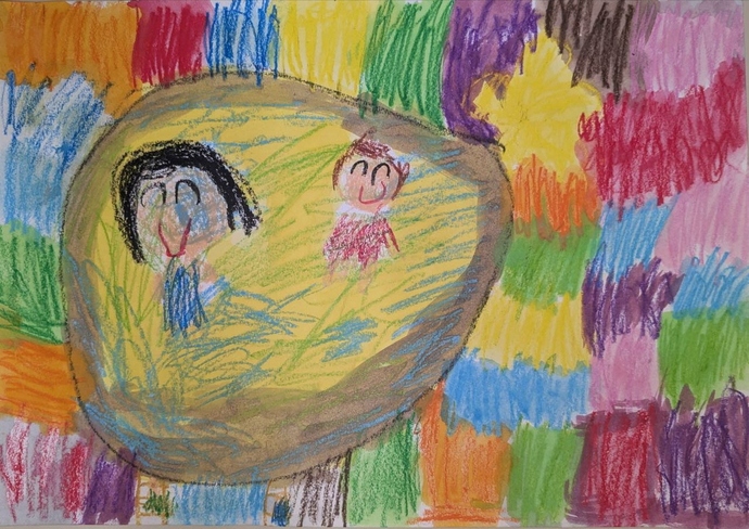 絵：つきのひかりって、にじいろみたいだね